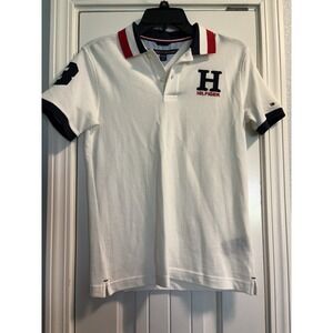 Tommy Hilfiger Boys Polo Shirt Medium 12/14 White Logo Preppy Short Sleeve
